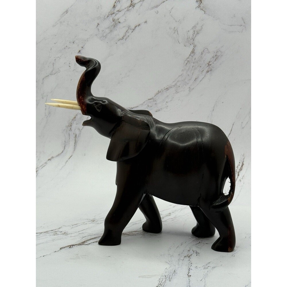 Vintage Hand-Carved Wooden Elephant‎ 7" Figurine – Raised Trunk Good Luck Decor